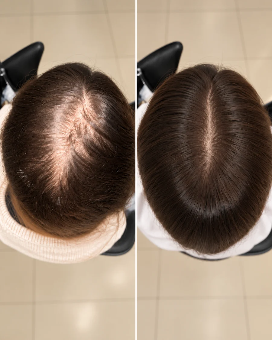 Registro de antes e depois de tratamento para rarefação na risca e na coroa, paciente da Clínica Duvier
