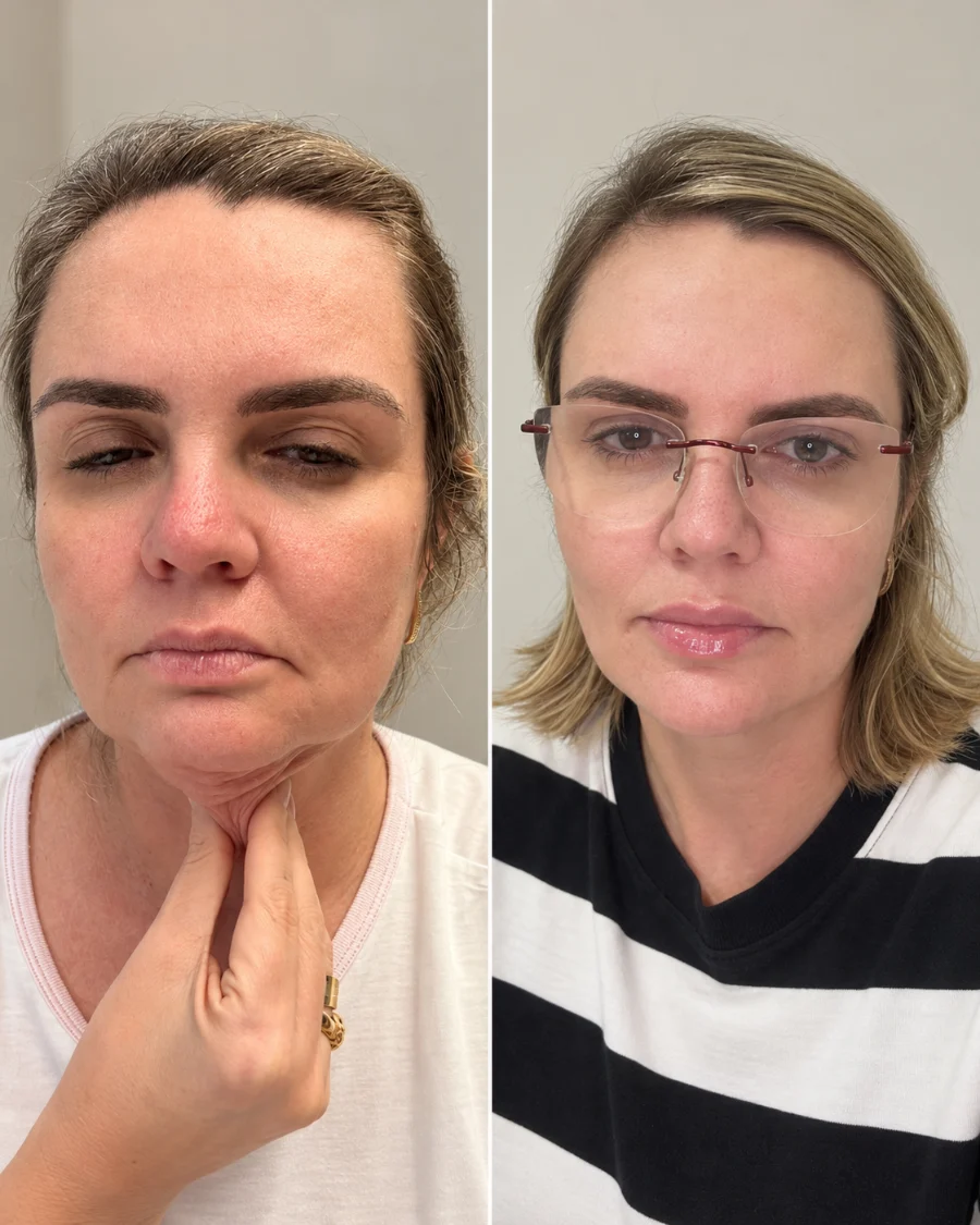 Registro de antes e depois de tratamento de flacidez em contorno e pescoço, paciente da Clínica Duvier
