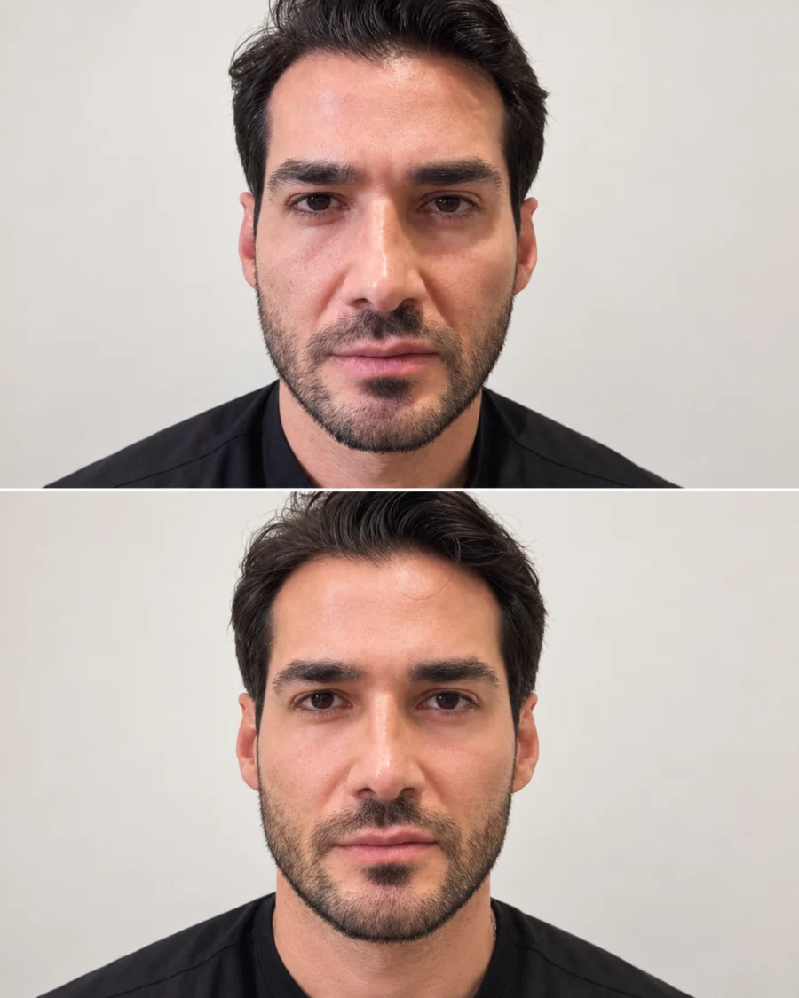 Registro de antes e depois de rejuvenescimento facial completo, paciente da Clínica Duvier