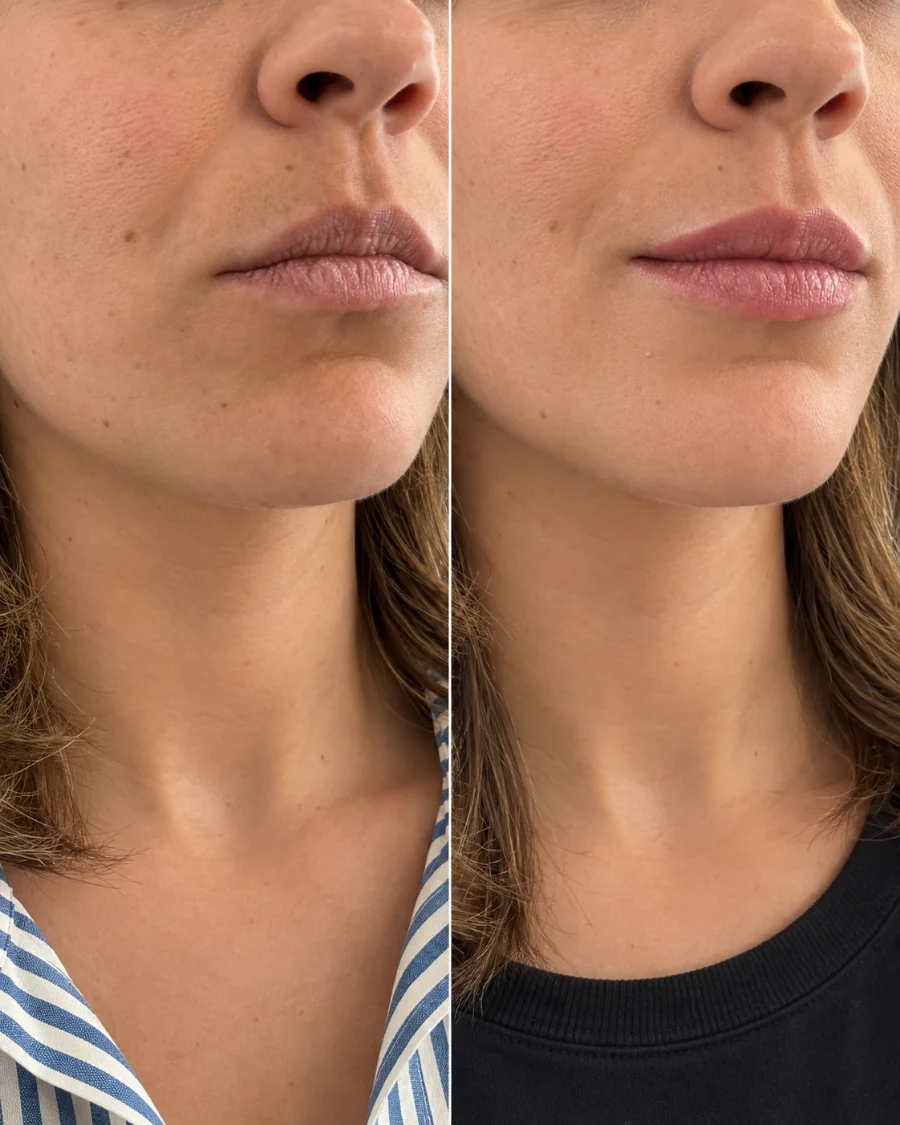 Registro de antes e depois de preenchimento labial, paciente da Clínica Duvier