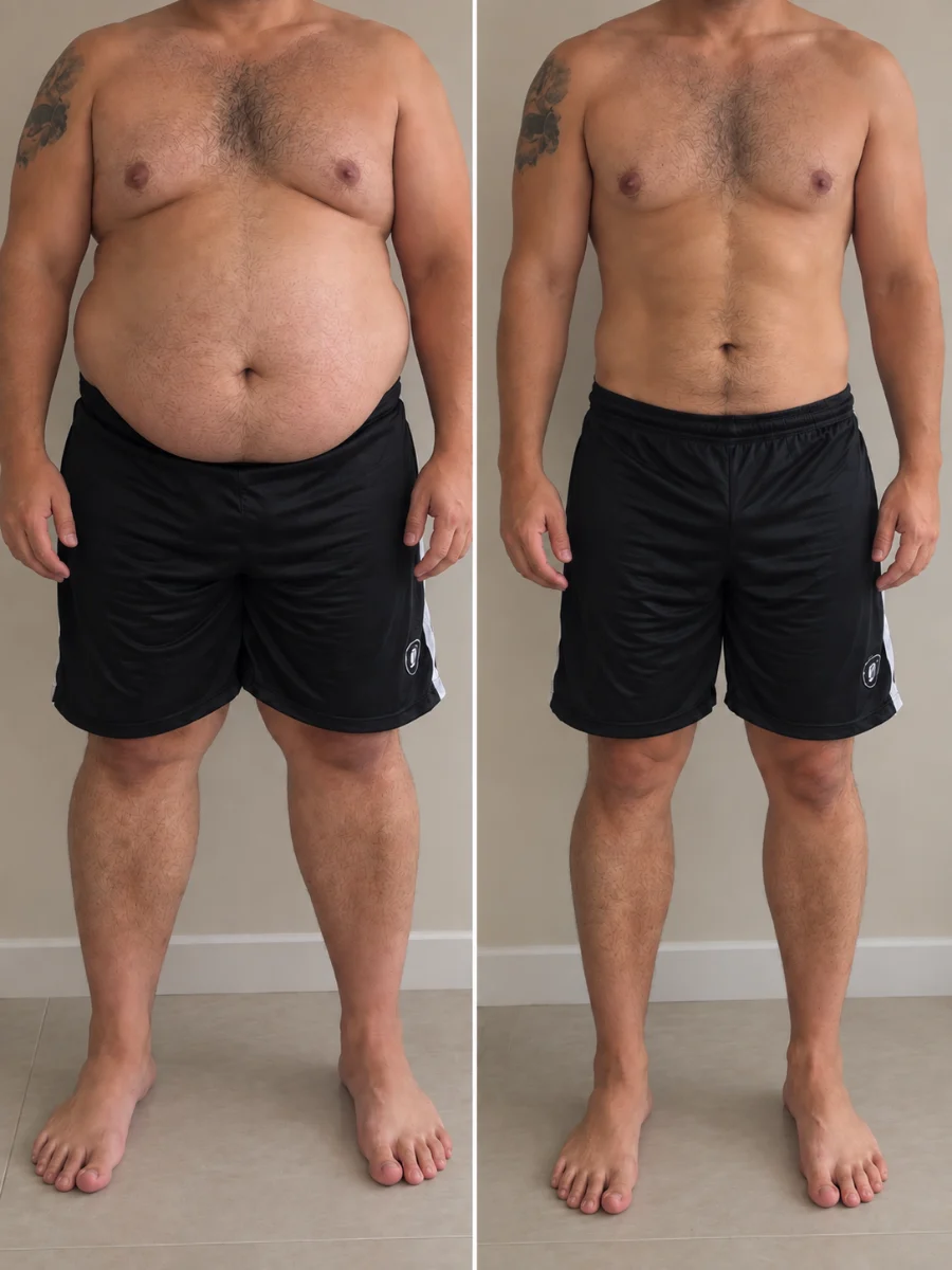 Registro de antes e depois de tratamento para obesidade, paciente da Clínica Duvier